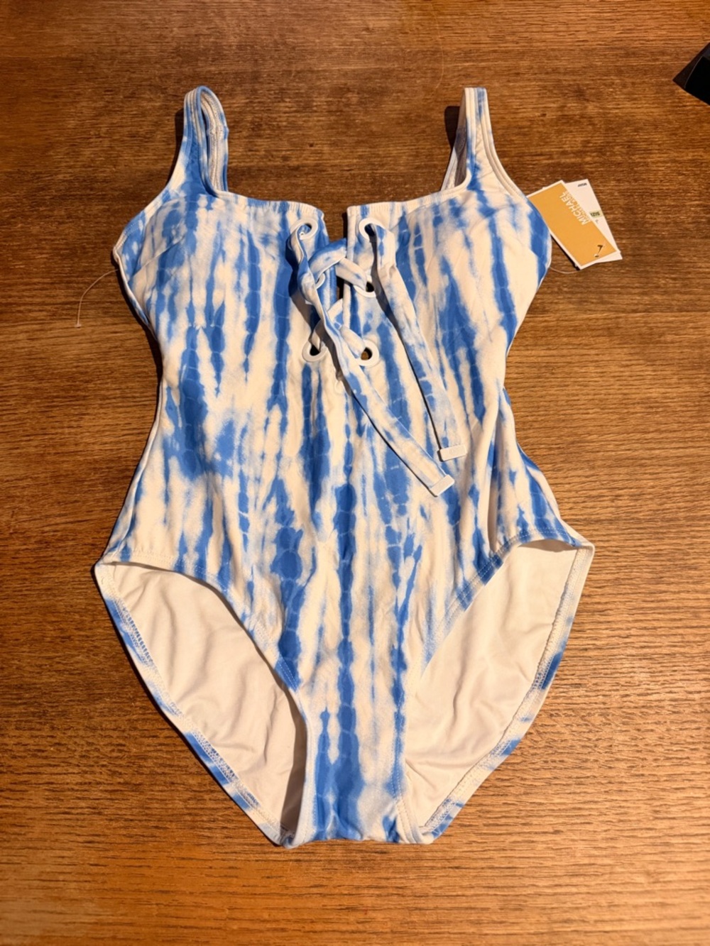 Michael Kors Blue and White Tie-Dye Swimsuit with Lace-Up Front